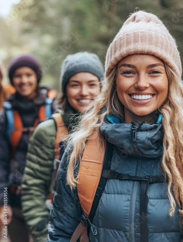 Smiling group of diverse female friends in outdoor gear out for a hike together along a path in a forest photo