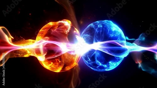 Scientific concept of depicting the fusion of two atoms. Sci-fi background. Quantum physics. Generative AI