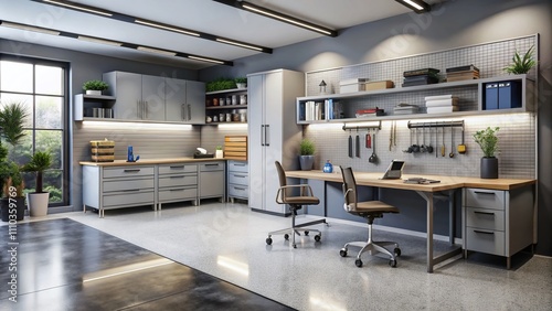 Modern Garage Interior with an Integrated Office Workspace Featuring Sleek Design, Efficient Layout, and Contemporary Furnishings for a Productive Work Environment