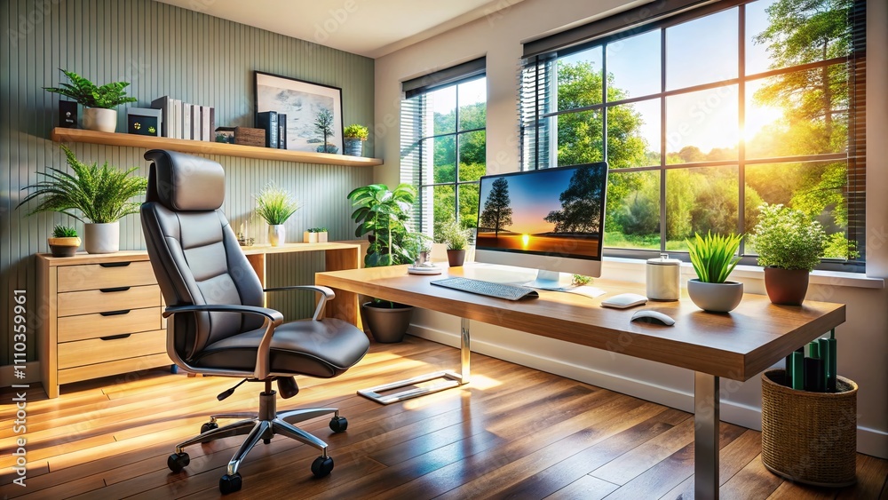 Modern Home Office Setup with Dual Monitors, Ergonomic Chair, Notepad, and Relaxed Professional Ambiance for Remote Work Modern Home Office Setup with Dual Monitors, Ergonomic Chair, Notepad, and Relaxed Professional Ambiance for Remote Work