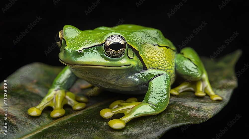 Fototapeta premium A vibrant green frog perched on a leaf, showcasing its glossy skin and intricate details.