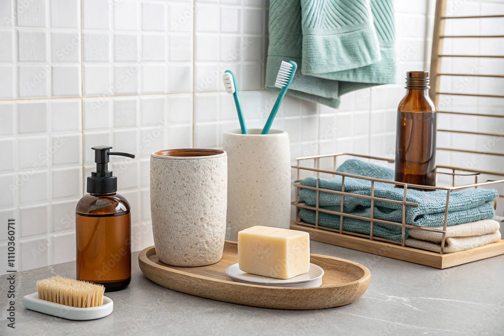 Naklejka premium Bathroom essentials soap, toothbrush holder, towels, and dispenser on a countertop.