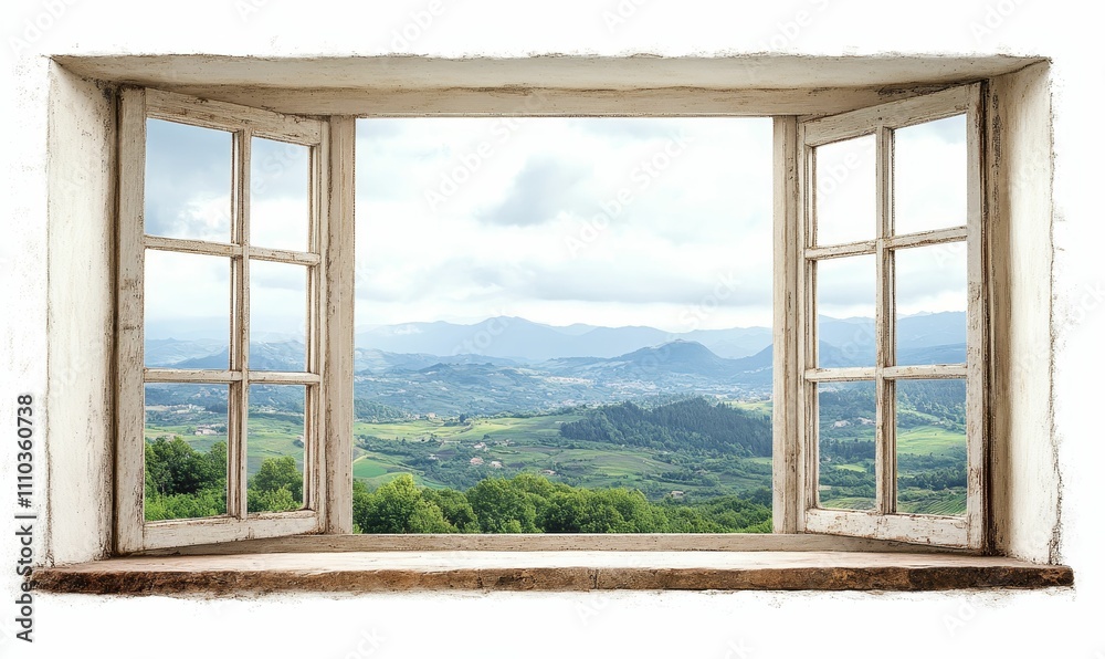 Fototapeta premium Rustic window frames scenic rolling hills view.