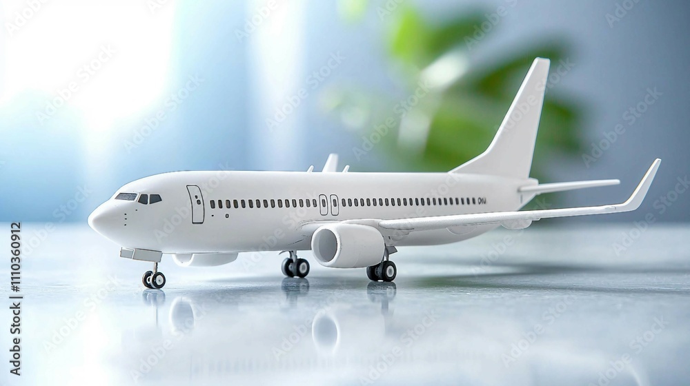 White Model Airplane on Table with Green Plant in the Background White Model Airplane on Table with Green Plant in the Background