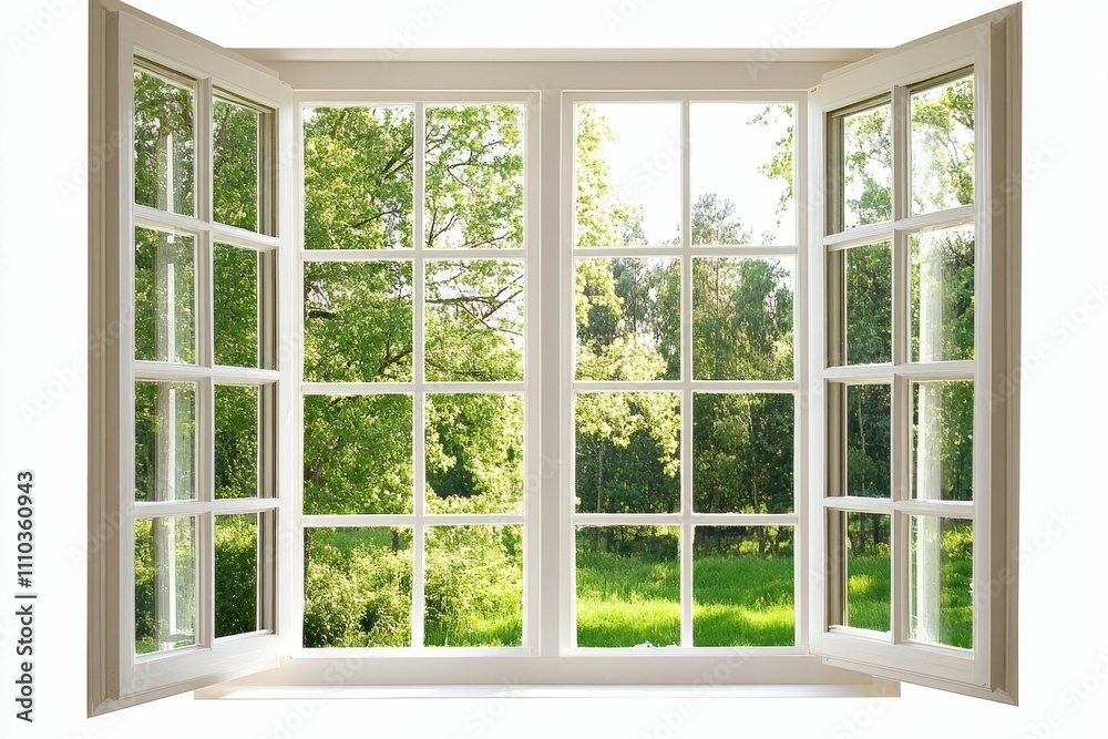 Fototapeta premium Open window, white frame, lush green landscape.