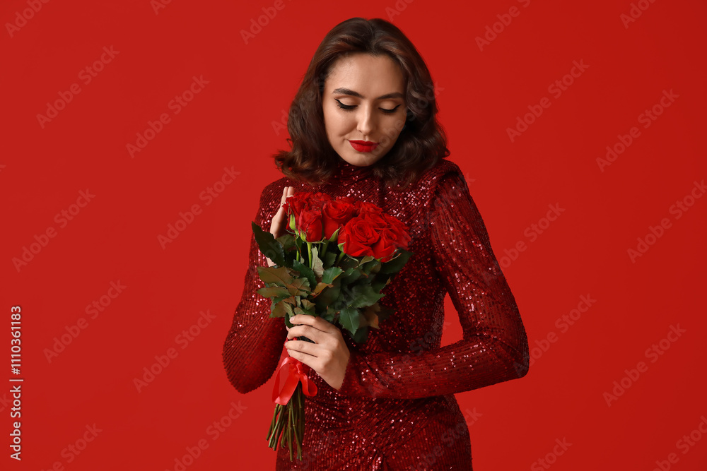 Beautiful young woman with bouquet of roses on red background Beautiful young woman with bouquet of roses on red background