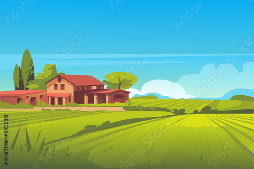 Vector illustration of a peaceful countryside landscape with a farmhouse and green fields