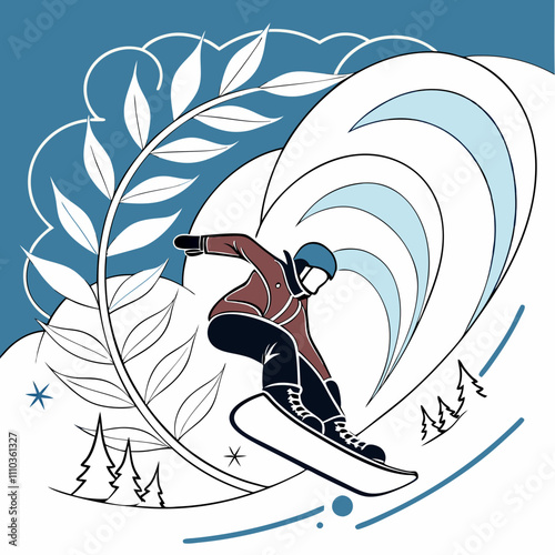 Vector illustration of a snowboarder in action with decorative waves and winter elements