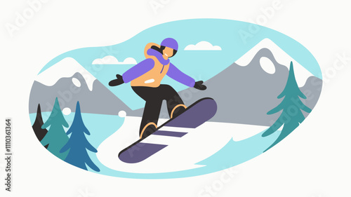 Vector illustration of a cheerful snowboarder navigating snowy mountains and trees
