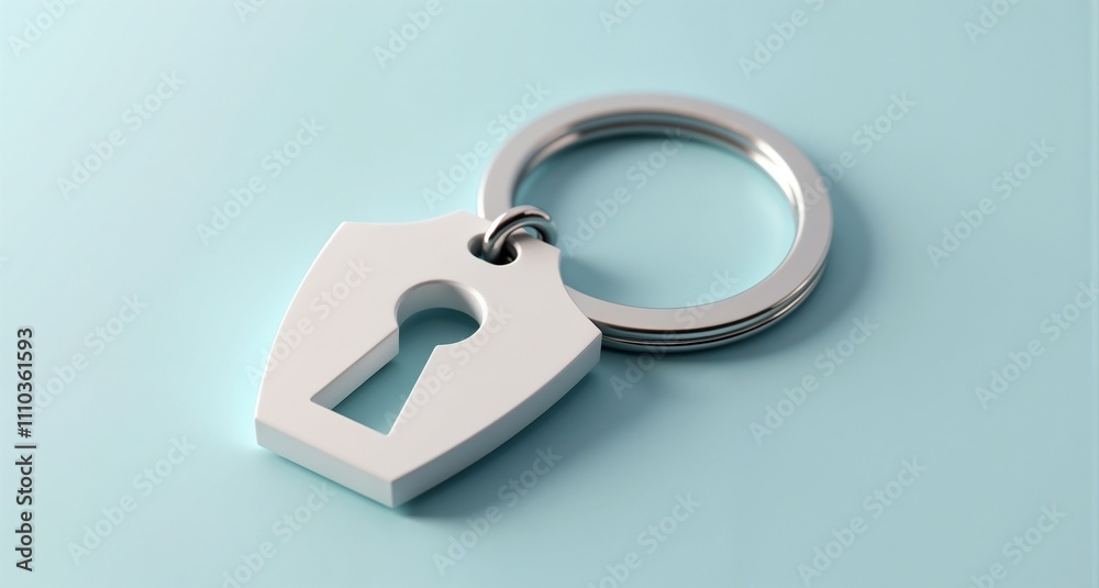 Close-up photograph of a keychain with a lock design on a blue background Close-up photograph of a keychain with a lock design on a blue background