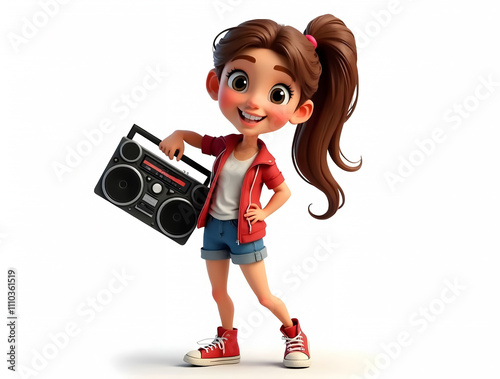 3D Cartoon of a Young Stylish Girl with a Retro Magnetophone – Perfect for Creative Graphics Ads photo