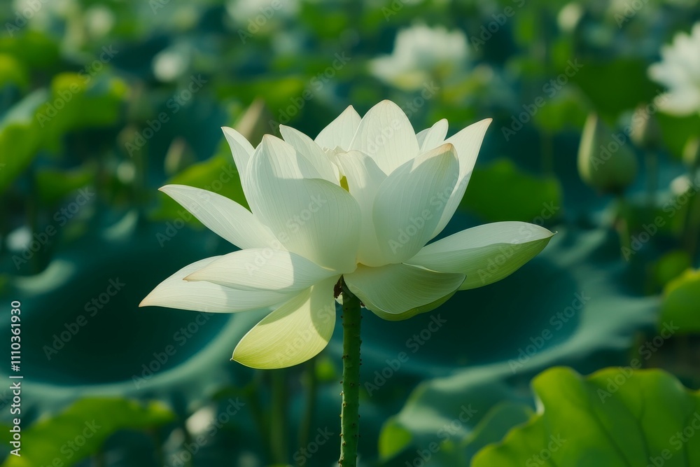 White lotus blossom among green foliage. White lotus blossom among green foliage.