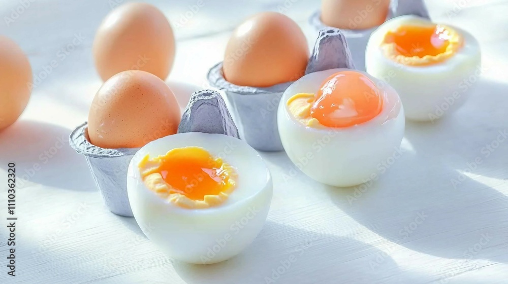 Fresh Eggs and Soft Boiled Eggs in Light Natural Setting Fresh Eggs and Soft Boiled Eggs in Light Natural Setting