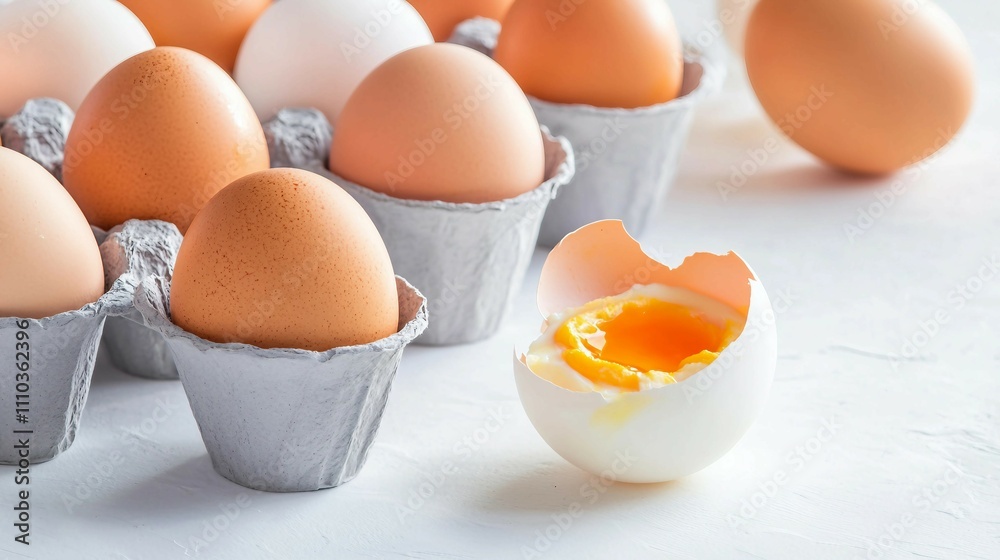 Fresh Eggs in Carton with One Broken Egg and Golden Yolk Inside Fresh Eggs in Carton with One Broken Egg and Golden Yolk Inside