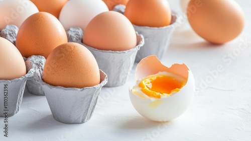 Fresh Eggs in Carton with One Broken Egg and Golden Yolk Inside photo