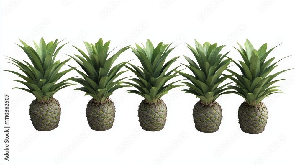 Five Pineapples Row Tropical Fruit Plants Green Leaves Five Pineapples Row Tropical Fruit Plants Green Leaves