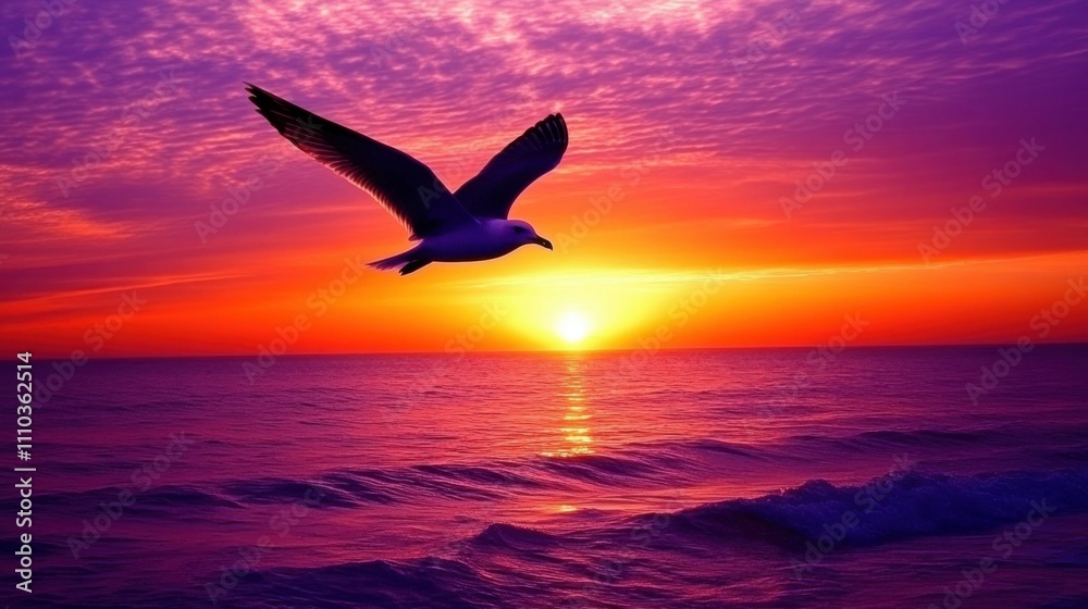 Naklejka premium Seagull soaring over the ocean at sunset with vibrant colors and gentle waves