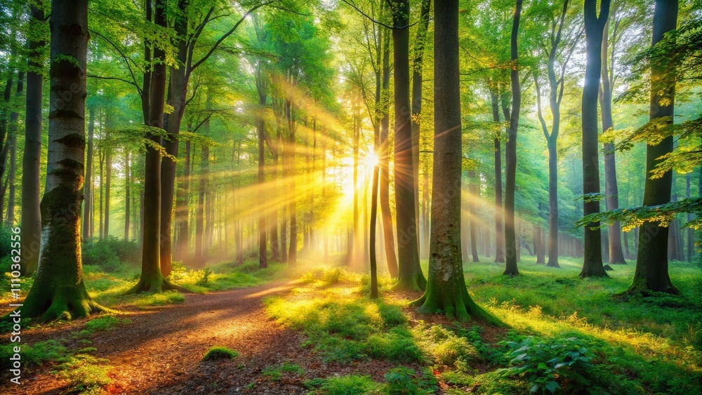 Obraz premium Morning Light Piercing Through a Serene Forest with Gentle Rays Illuminating the Ground, Perfect for Nature Lovers and Tranquil Ambiance Photography