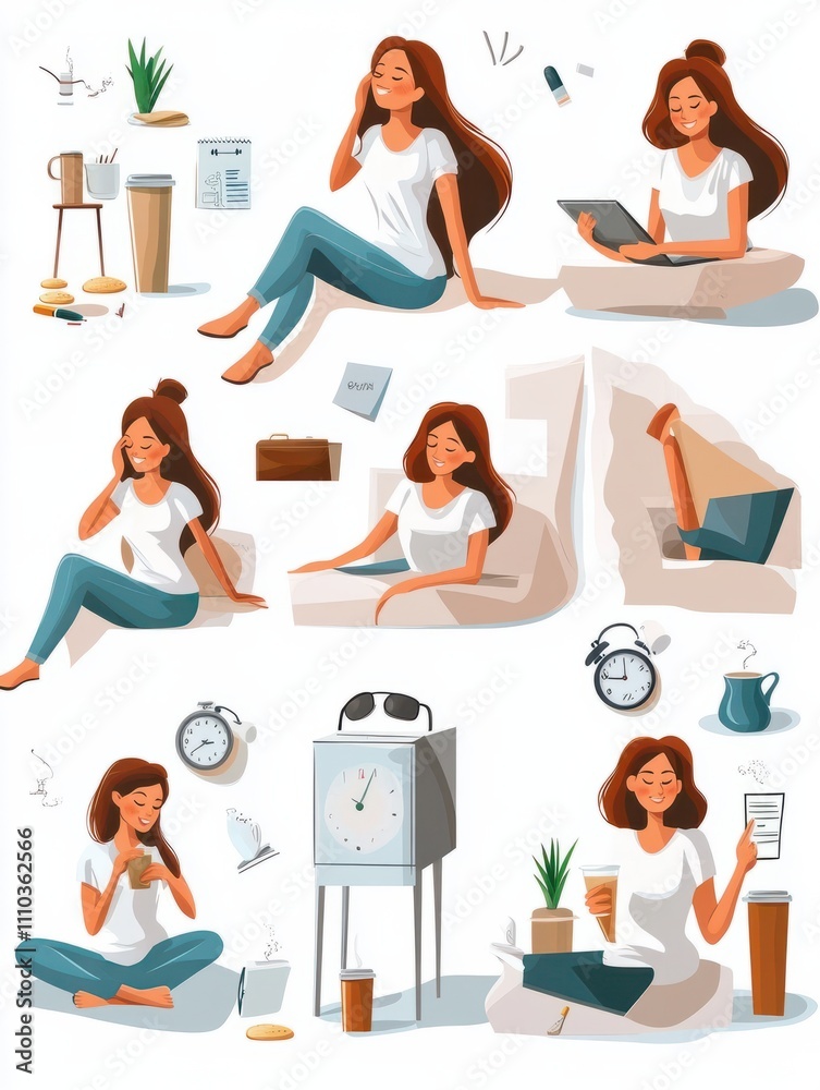 Fototapeta premium Woman daily schedule. Female activities every day, different life situations and clock. Girl wake up working drinking coffee and meeting friend vector illustration