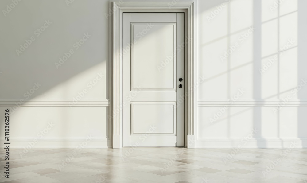 Fototapeta premium Sunlight streams through a room with white door and floor.