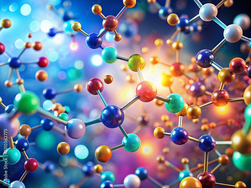 Multicolored Molecules in Bokeh Effect with Vibrant Background for Scientific Illustrations and Educational Materials Multicolored Molecules in Bokeh Effect with Vibrant Background for Scientific Illustrations and Educational Materials