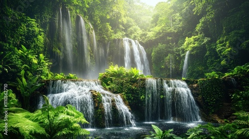 Serene Waterfall in Lush Tropical Paradise