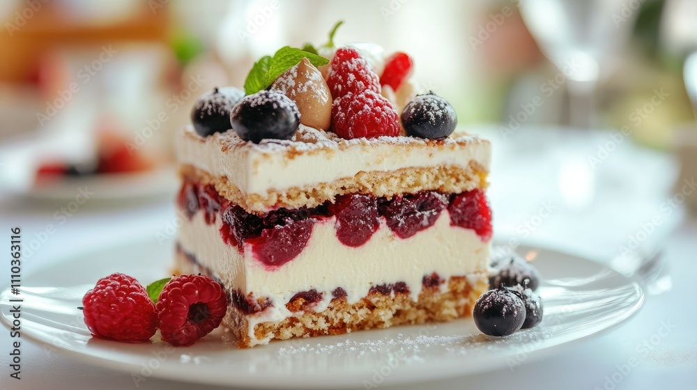 Sophisticated layered dessert with rich cream and toppings, arranged neatly on a bright and clean table Sophisticated layered dessert with rich cream and toppings, arranged neatly on a bright and clean table