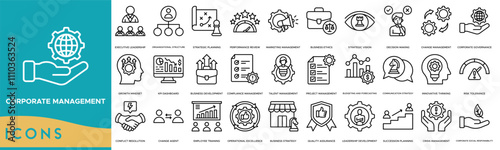 Corporate management  icon. Executive Leadership, Organizational Structure, Strategic Planning, Performance Review and Marketing Management