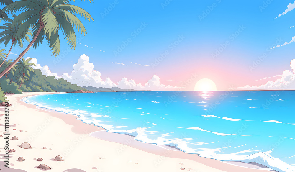 Fototapeta premium A serene tropical beach at sunrise, featuring palm trees, soft sands, clear blue waters, and a vibrant sky transitioning from pink to blue.