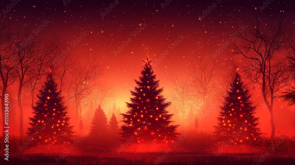 Naklejka premium Red Christmas Trees in Foggy Forest Festive Night Scene