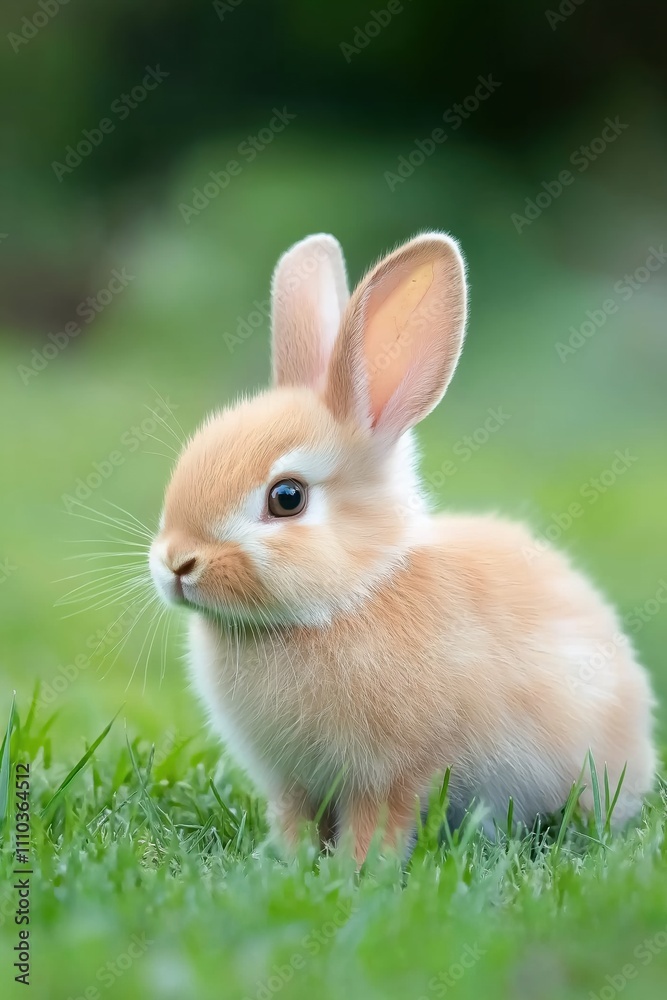 A cute little bunny is sitting on the grass. The bunny is brown and white and has big eyes. The image has a peaceful and calm mood, as the bunny is sitting alone in the grass, looking up at the camera A cute little bunny is sitting on the grass. The bunny is brown and white and has big eyes. The image has a peaceful and calm mood, as the bunny is sitting alone in the grass, looking up at the camera