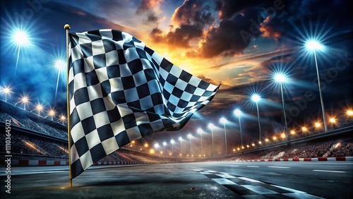 Night Photography of a Checkered Flag for Car Racing and Motorsport Rally, Perfect for Competitions, Promotions, and Bookmakers in a Dynamic Racing Environment photo