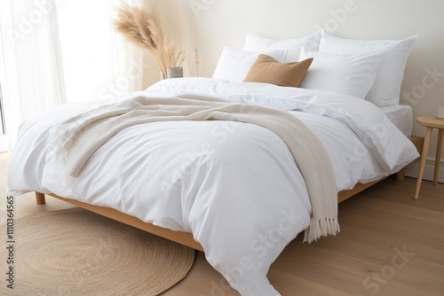 A white bed with a white comforter and a white blanket. The bed is unmade and has a white pillow on top photo