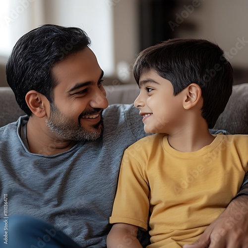 Happy Indian Preteen Son Talking to His Loving Father, Sharing a Heartwarming Conversation, Reflecting Family Bond, Parental Support, and Strong Emotional Connection in a Loving Home Setting
