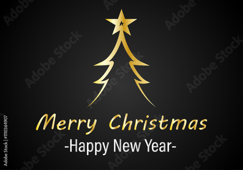 Felicitación de navidad y año nuevo con árbol de navidad dorado en fondo negro