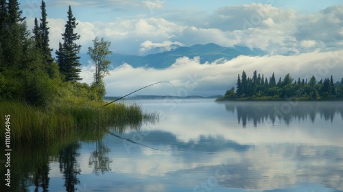 Fishing rod cast into the water, serene landscape 