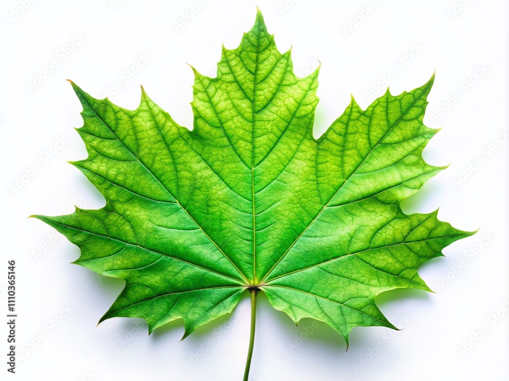 Night Photography of a Luminous Green Maple Leaf Isolated on a White Background, Showcasing Intricate Veins and Textures for Nature and Botanical Themed Projects Night Photography of a Luminous Green Maple Leaf Isolated on a White Background, Showcasing Intricate Veins and Textures for Nature and Botanical Themed Projects