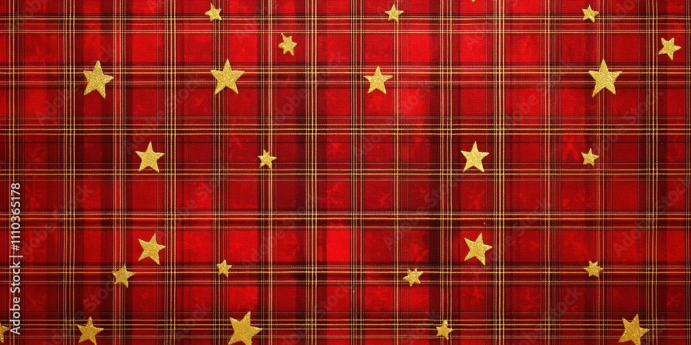 A red plaid pattern overlaid with golden stars and snowflakes, perfect for a cozy holiday backdrop.
