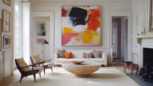 A single bold focal point, such as a large abstract painting or a unique piece of furniture, anchoring the design. The space balances contrasting styles with clean lines, neutral tones