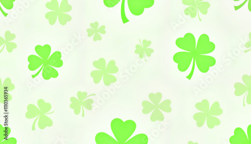 Digital illustration of a seamless pattern of vibrant green shamrocks on a soft white background creating a festive and cheerful backdrop for St. Patrick’s Day