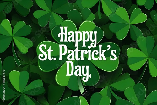Happy St. Patrick's Day text against a background filled with green shamrocks. graphic design. Ideal for celebrating Patrick's Day, Irish culture and festive events.