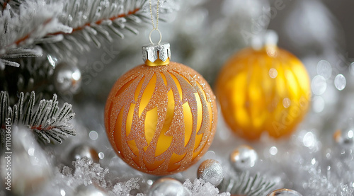 Close-up of orange and yellow Christmas decorations on a silver tree, with a bokeh background and snowflakes. photo