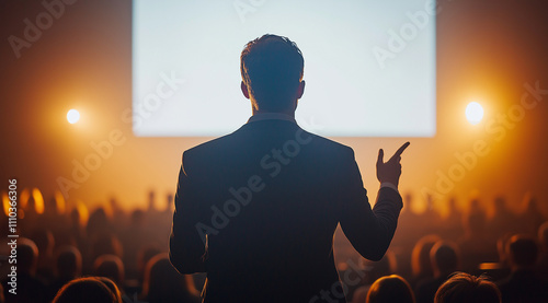 A confident man in a suit giving a presentation with a white screen and audience silhouettes behind him, viewed from the back. The silhouette of his hands is visible as he gestures photo