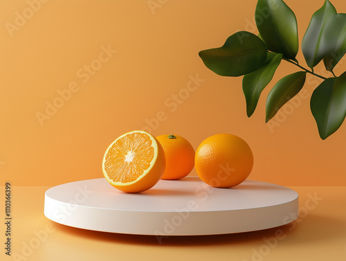 Orange Fruit, White Product Pedestal, Orange Background for Food and Product Photography
