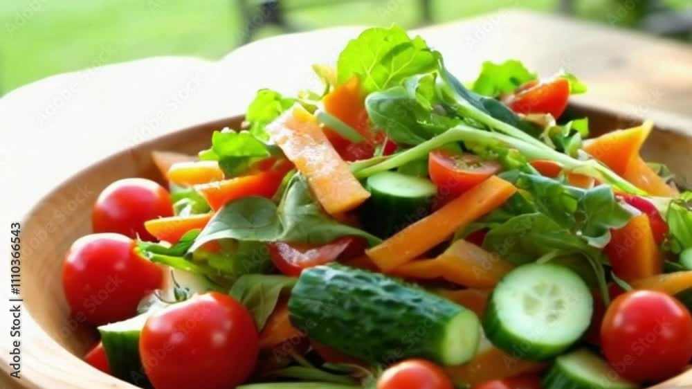 4K cinematic video of fresh salad preparation in a sunlit outdoor setting 4K cinematic video of fresh salad preparation in a sunlit outdoor setting