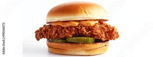 A crispy chicken sandwich with buttermilk fried chicken, pickles, and a dollop of spicy mayo on a soft bun