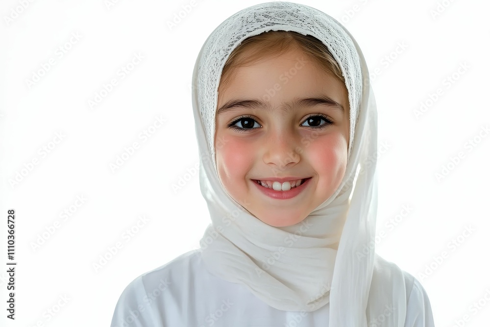 Smiling girl, white head covering, cheerful expression. Smiling girl, white head covering, cheerful expression.