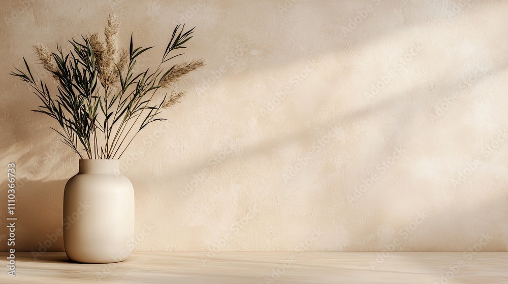 A minimalist arrangement featuring a vase with dried plants against a soft, neutral background and gentle light. A minimalist arrangement featuring a vase with dried plants against a soft, neutral background and gentle light.