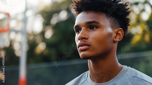 Young Man Contemplative Outdoors Near Basketball Court