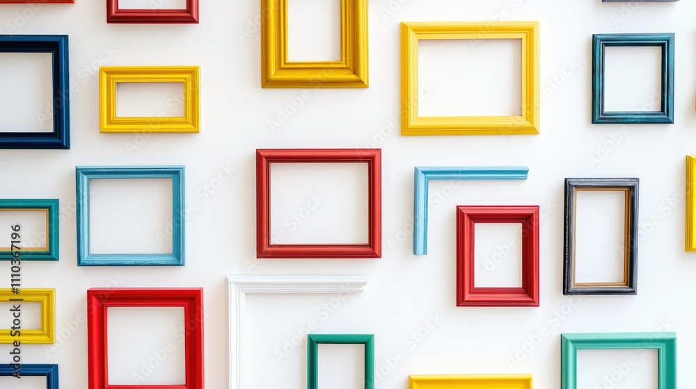 Vibrant, empty picture frames in bold colors arranged haphazardly on a clean white wall, representing freedom from stereotypes Vibrant, empty picture frames in bold colors arranged haphazardly on a clean white wall, representing freedom from stereotypes